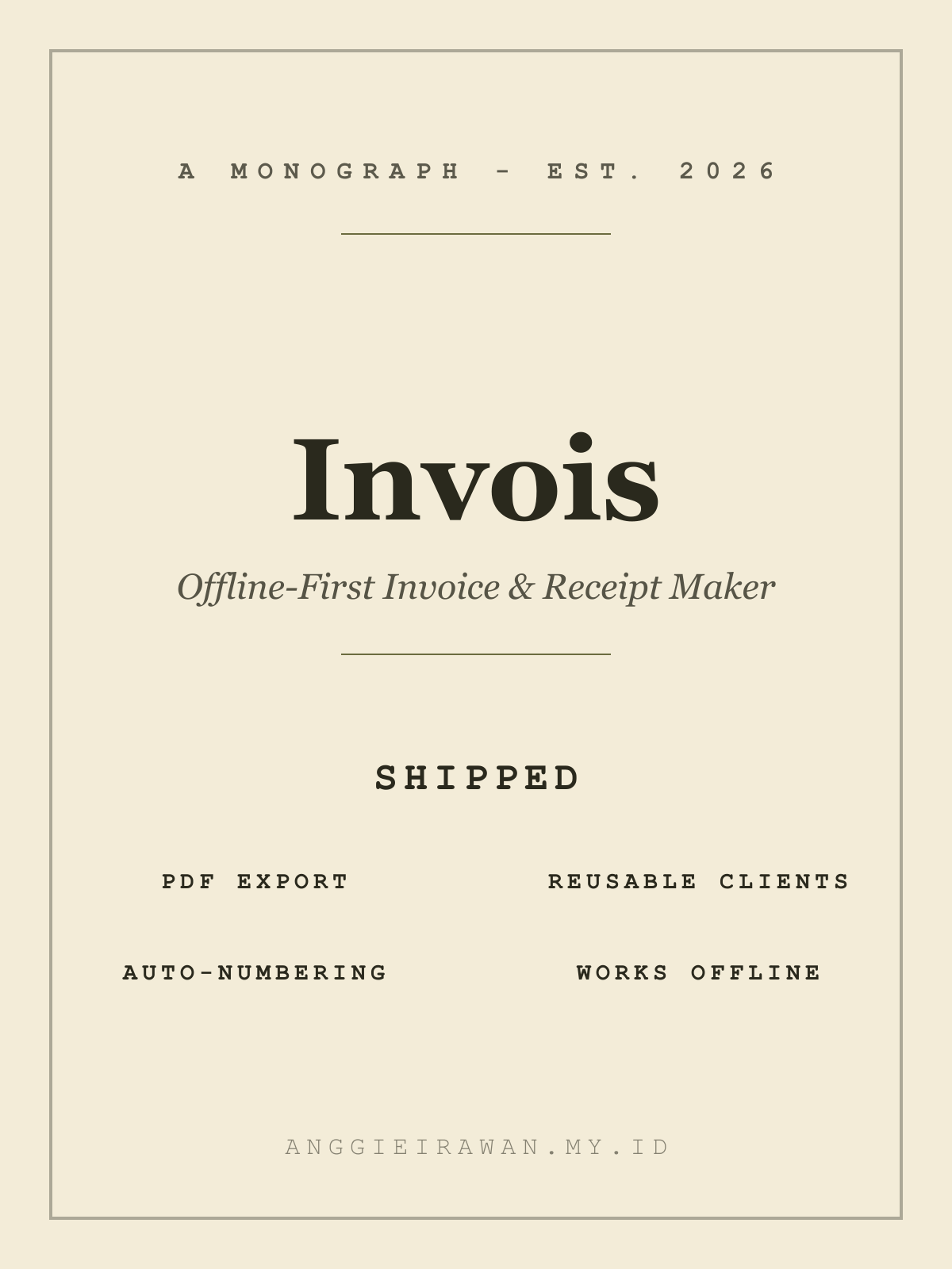 Invois brand card — wordmark on a cream background with olive accents and feature list
