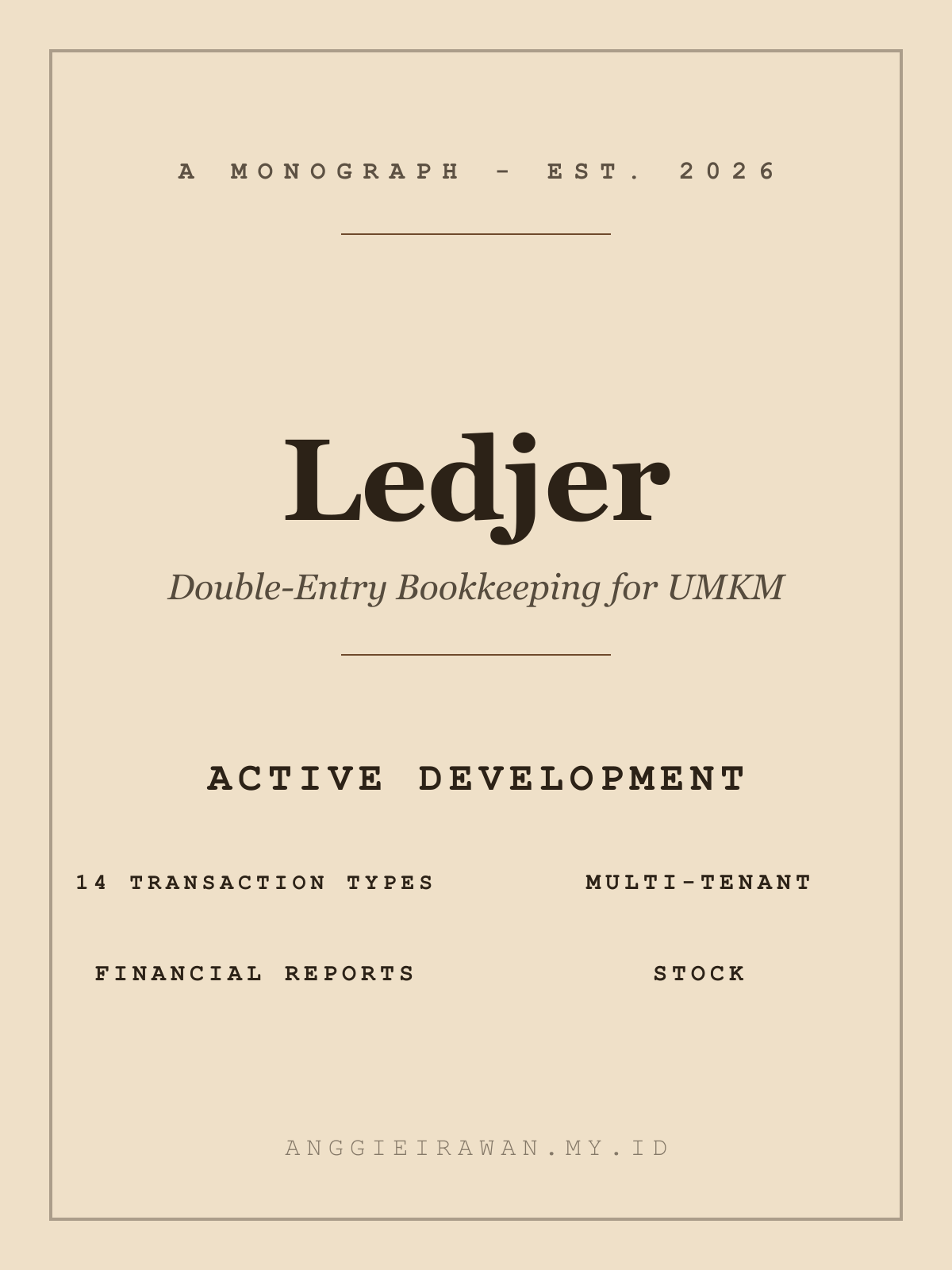 Ledjer brand card — wordmark on a warm cream background with wood-brown accents and feature list