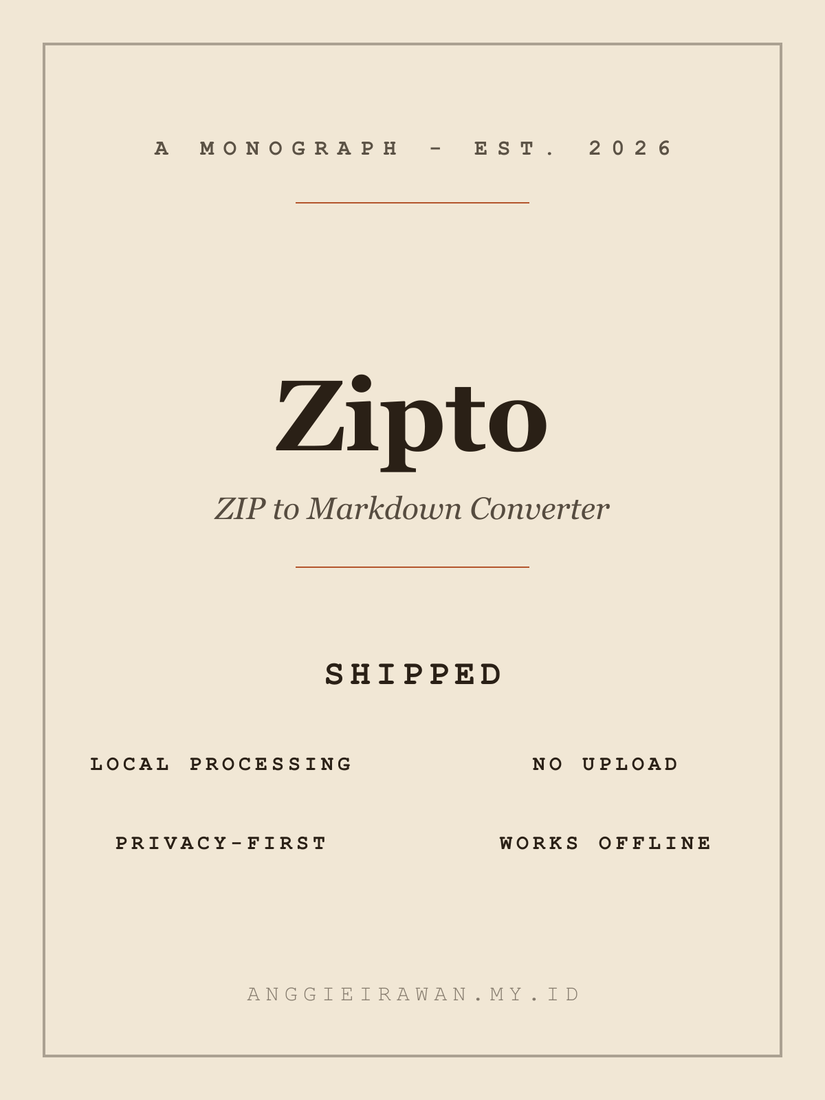 Zipto brand card — wordmark on a linen background with terracotta accents and feature list